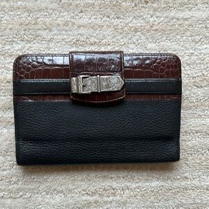 Brighton Black Pebbled Leather Brown Croc Embossed Bi-Fold Checkbook Wallet